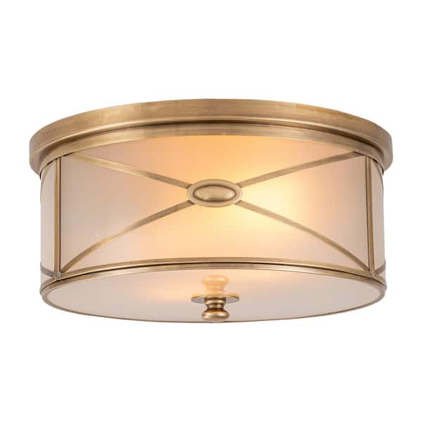 C Cattleya 11.75 in. 2-Light Brass Flush Mount with Frosted Glass Shade and No Bulbs Included 1-Pack