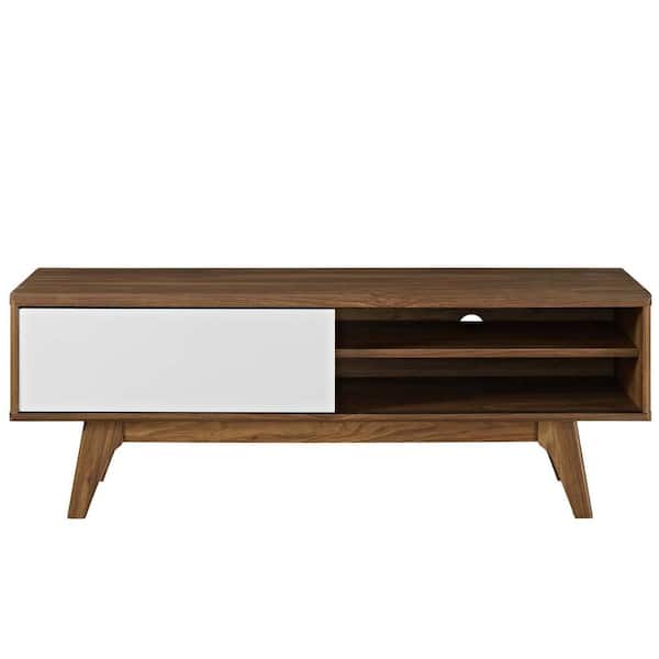 MODWAY Envision 44 in. Walnut and White Wood TV Stand with 1 Drawer Fits TVs Up to 47 in. with Adjustable Shelves