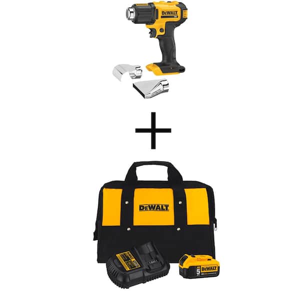 DEWALT 20V MAX Cordless Compact Heat Gun and 20V Lithium-Ion 5.0Ah Battery, Charger & Kit Bag w/Flat & Hook Nozzle Attachments