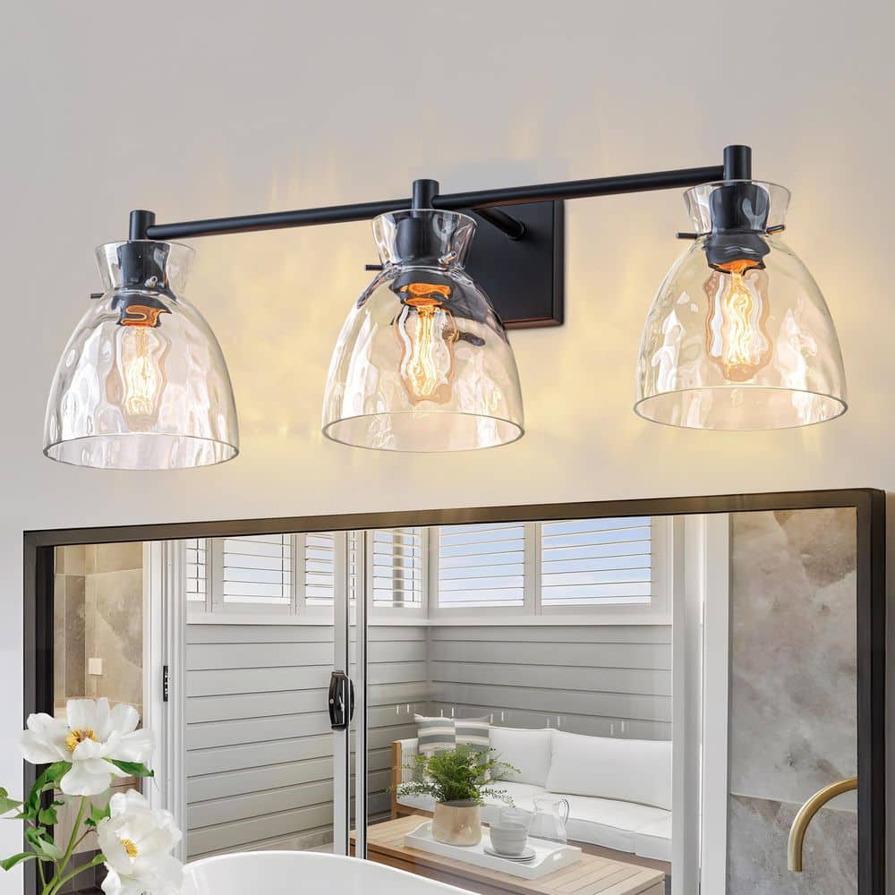 25 in.3-Light Matte Black Bathroom Vanity Light with Clear Water Ripple Glass Shades,Modern E26 Wall Sconce for Bathroom price history on PriceWatchPro