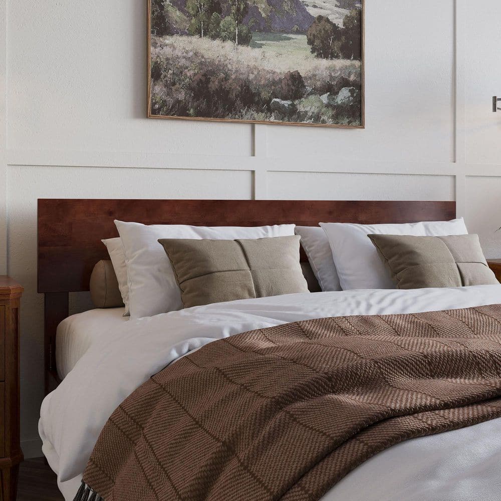 Aria Queen Walnut Wood Low Profile Platform Bed with Headboard