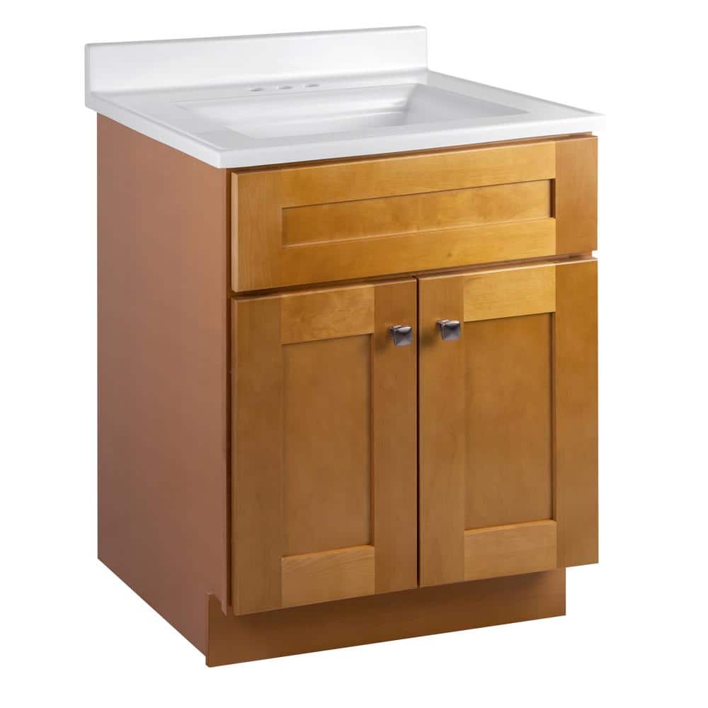 Design House Brookings Shaker RTA 25 in. W x 22 in. D x 35.38 in. H Bath Vanity in Birch with Solid White Cultured Marble Top, Brown -  597856