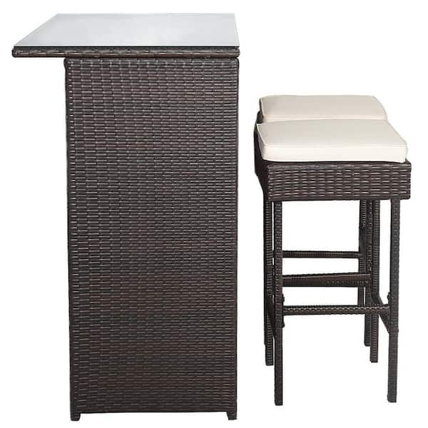 Costway 3 pcs patio outdoor rattan wicker bar table and deals 2 stools