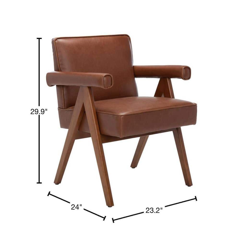 Contemporary Cognac Faux Leather Arm Chair with Walnut Finish