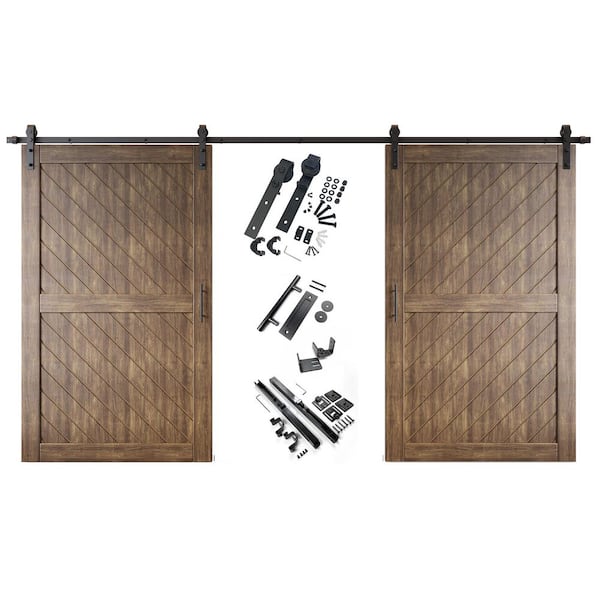 HOMACER XT2 42 in. x 80 in. C-Panel Dark Walnut Slanted Stripe Design Double Pine Wood Sliding Barn Door with Hardware Kit