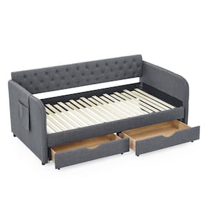 Outdoor Twin Size Upholstery Extendable Daybed with 2 Storage Drawers, Pocket, for Patios, Porches, Linen Dark Gray