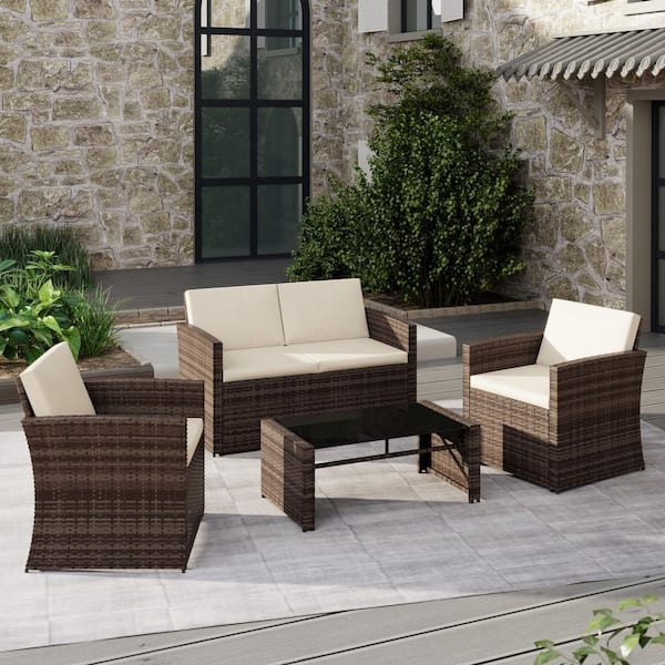 INMITOM 4-Piece Wicker Patio Conversation Set with Metal Frame and ...