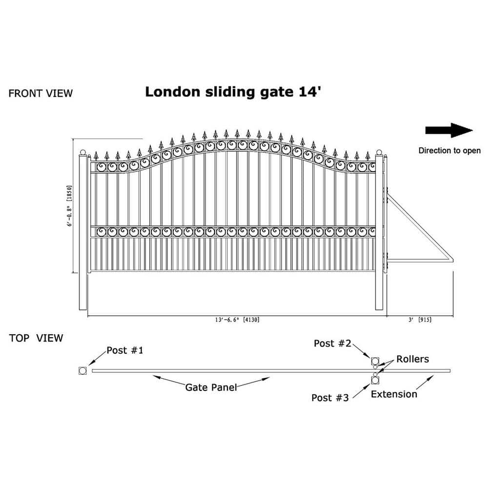 Black Steel Arched Sliding Driveway Gate with Pedestrian Gate