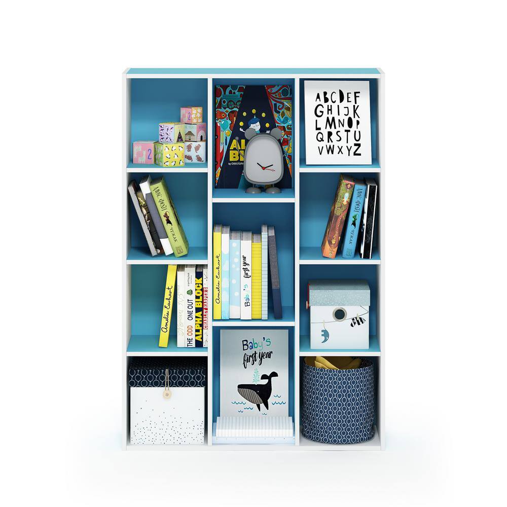 White and Light Blue 11-Cube Wood Bookcase