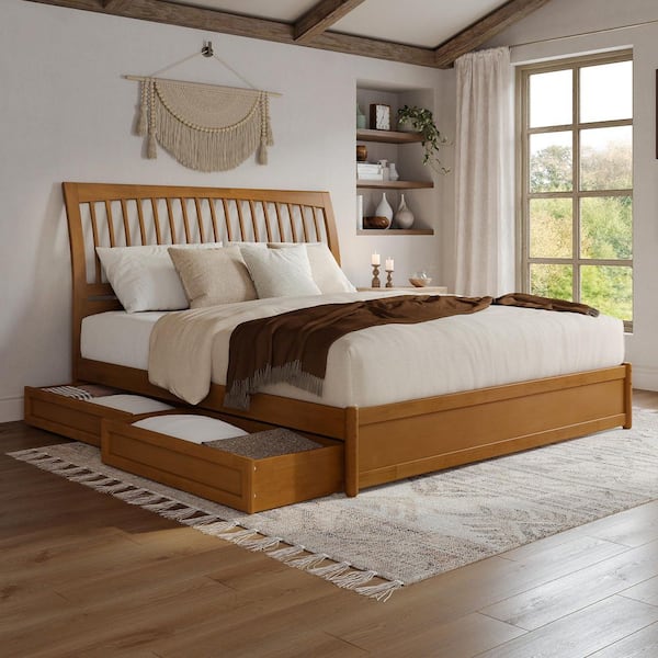 AFI Roslyn Light Toffee Natural Bronze Solid Wood Frame King Platform Bed with Panel Footboard Storage Drawers