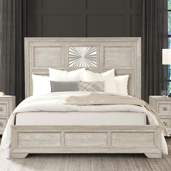 Furniture of America Artello Gray Wood Frame King Panel Bed with Sunburst Pattern and Panel Headboard