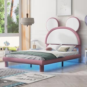 White and Pink Wood Frame Full Size Platform Bed with LED Light Strips