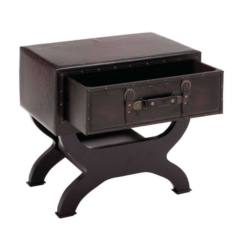 Vintage Brown Faux Leather Single Drawer Accent Table