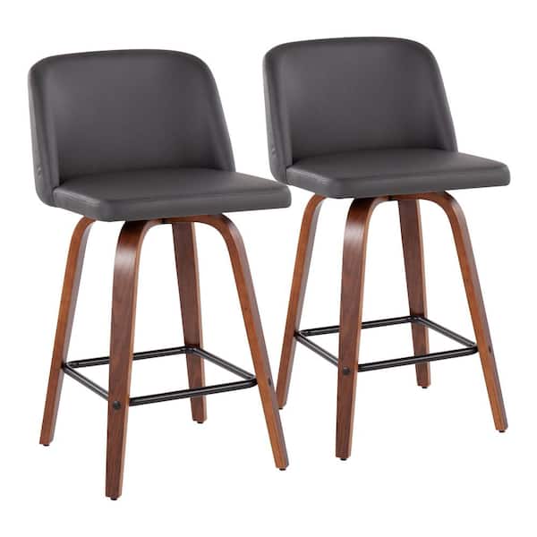 Lumisource Toriano 35 in. Grey Faux Leather and Walnut Wood-Counter Height Bar Stool with Square Black Footrest (Set of 2)