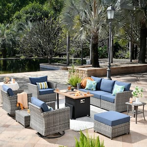 Eufaula Gray 10-Piece Wicker Outdoor Patio Conversation Sofa Set with a Storage Shelf Fire Pit and Denim Blue Cushions
