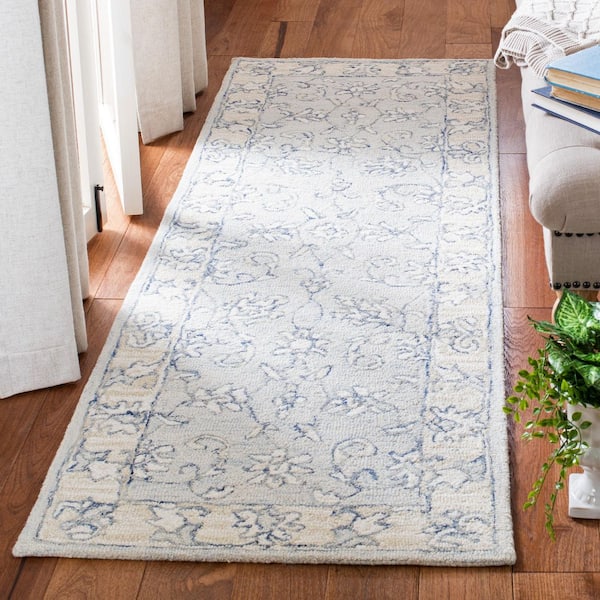 Micro-Loop Blue/Beige 2 ft. x 13 ft. Border Medallion Runner Rug