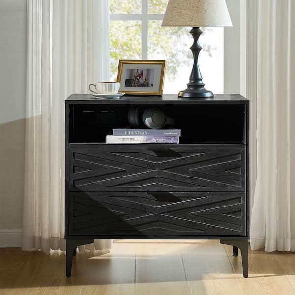 Ditma Walnut 27 in. H Modern 2-Drawer Nightstand with Charging Port