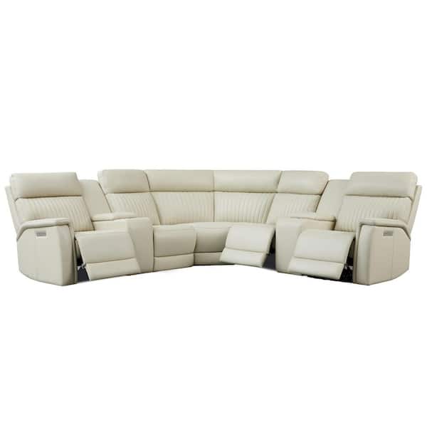 Cole 117 in. Genuine Leather Power Recliner Sectional Sofa with Console, Zero Gravity, 1 Power Armlesschair in Cream