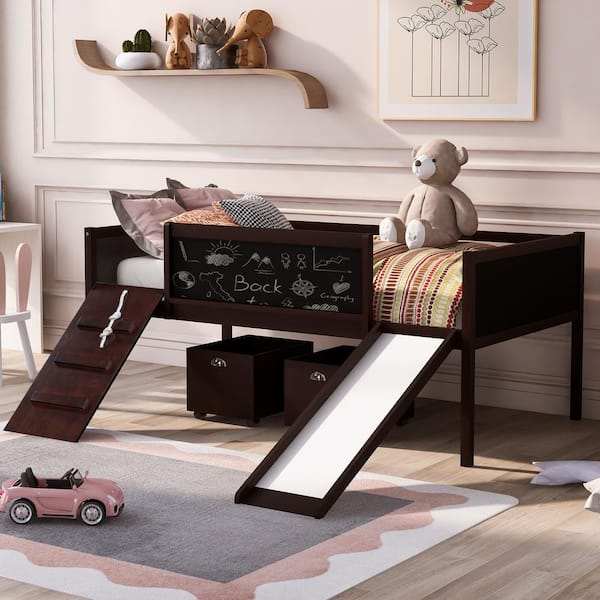 Harper & Bright Designs Espresso Twin Size Wood Loft Bed with Blackboard Slide and 2-Storage Boxes