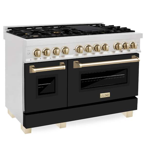 ZLINE Kitchen and Bath 48 in. 7 Burner Double Oven Dual Fuel Range w/Black Matte Door in Fingerprint Resistant Stainless Steel & Polished Gold