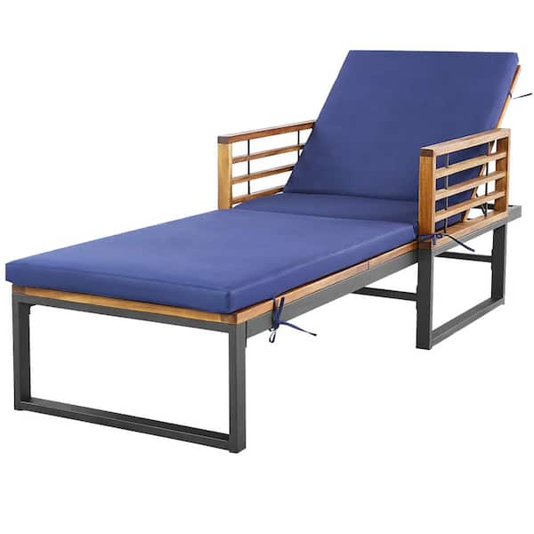 Gymax Metal Outdoor Chaise Lounge Chair with 4-Position Adjustable Backrest Poolside Patio Navy Cushions