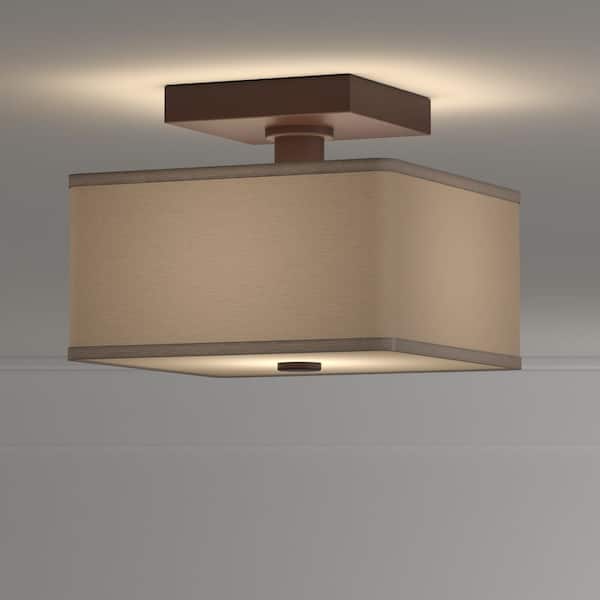 Hampton Bay Glenburn 12 in. 2-Light Oil-Rubbed Bronze Semi-Flush Mount with Cube Golden Fabric Shade
