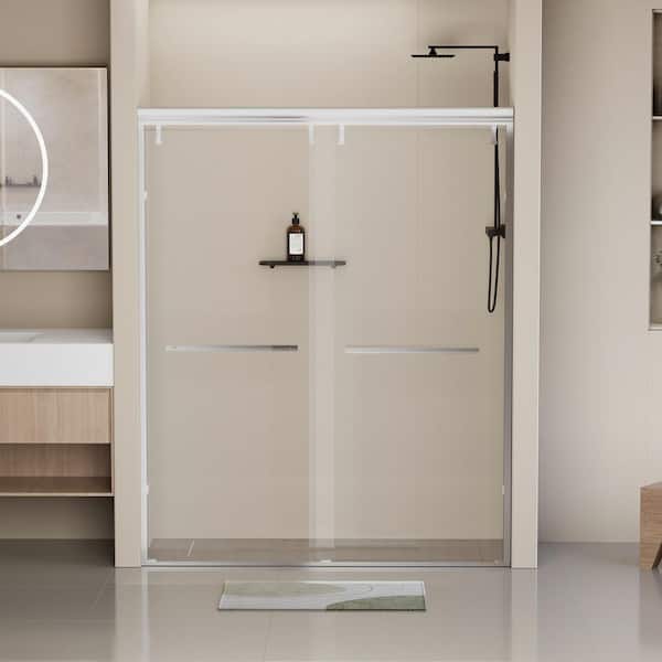 EAKYHOM 56 in. to 60 in. W x 76 in. H Double Sliding Semi-Frameless Shower Door in Chrome Finish with 5/16" Tempered Clear Glass