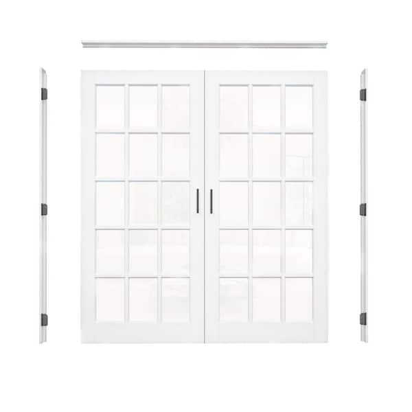 72 in. x 80 in. 15-Lite Clear Glass Universal Solid Core Glass Double Prehung French Door Plus Separate Jamb&Ball Catch