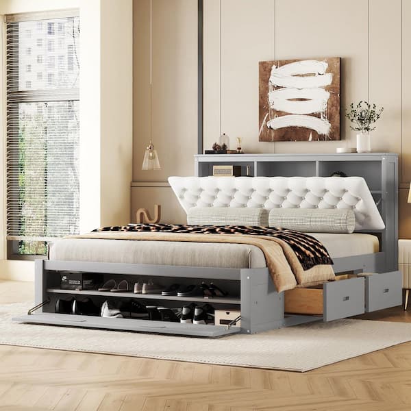 Gray Wood Frame Queen Size Platform Bed with Shoe Rack and Drawers