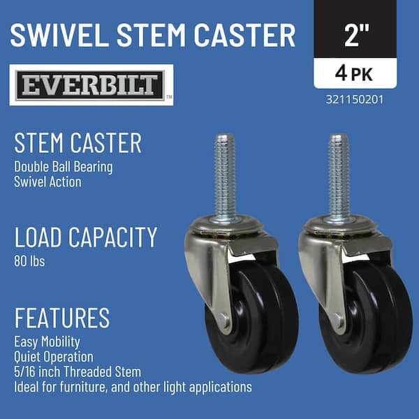 2 in. Black Soft Rubber and Steel Swivel Threaded Stem Casters with 80 lbs. Load Rating 12 Pack