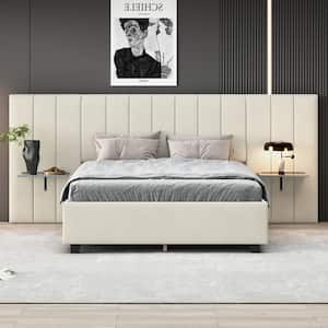 Oversize Headboard Beige Wood Frame Queen Velvet Upholstered Platform Bed with Bedside Storage Shelves