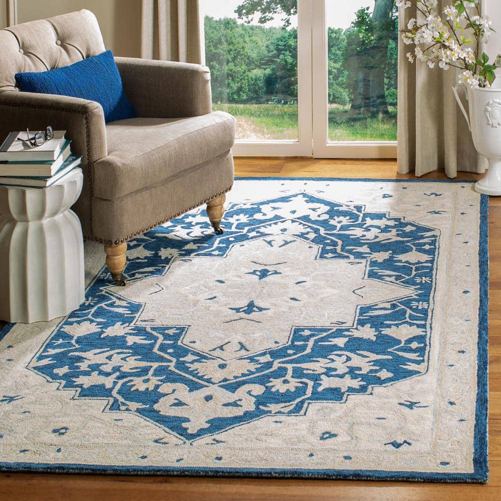Navy and Ivory Tufted Handmade Wool 8' x 10' Area Rug