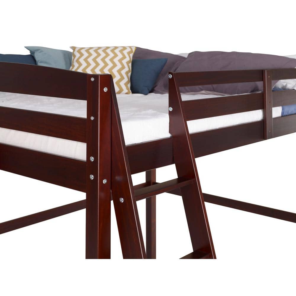 Cappuccino Twin Pine Wood Loft Bed with Ladder and Guard Rails