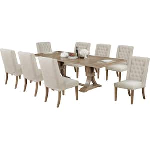 Maribel 9-Piece Rectangular Wood Dining Table Set Beige Linen Fabric Chairs