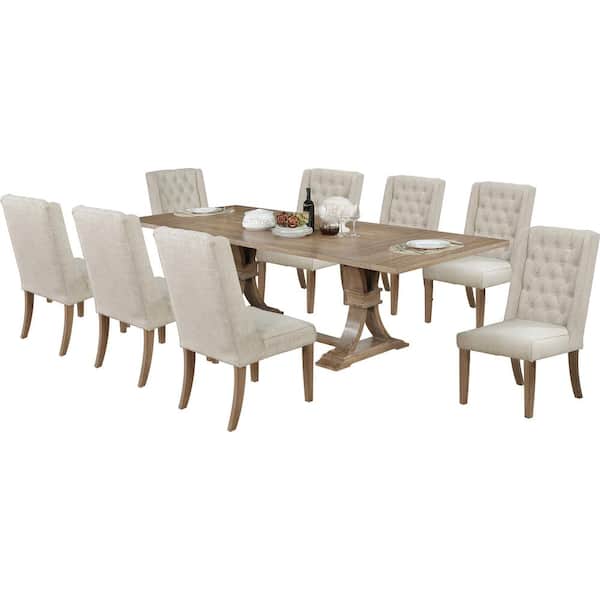 Best Quality Furniture Maribel 9-Piece Rectangular Wood Dining Table Set Beige Linen Fabric Chairs