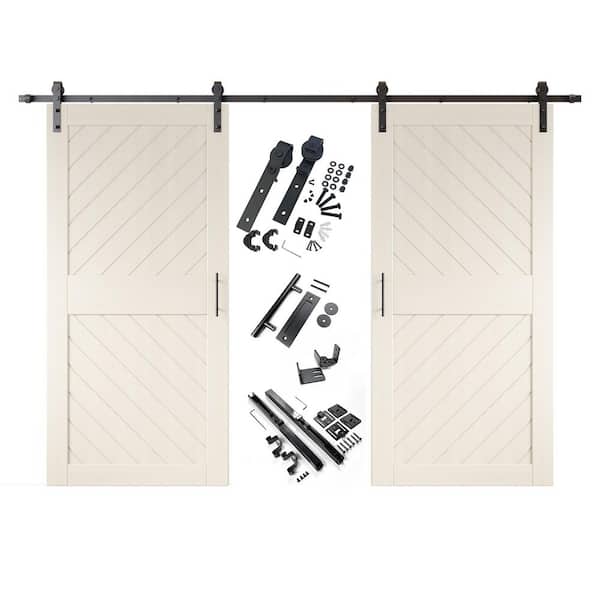 HOMACER XT3 36 in. x 84 in. C-Panel Tinsmith Gray Slanted Stripe Design Double Pine Wood Sliding Barn Door with Hardware Kit