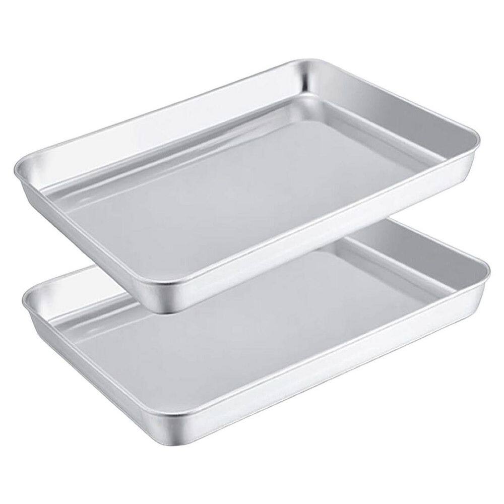 1 qt Silver Stainless Steel Baking Sheet Toaster Oven Tray Heavy Duty Ovenware Dishwasher Safe Healthy Baking 2 pcs