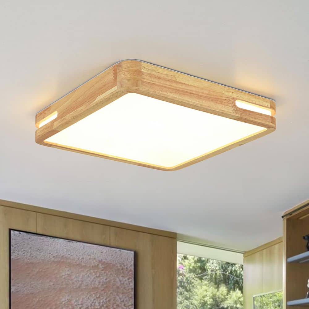 HUOKU Lumin 15.7 in. W Square Natural Oak Wood and Acrylic Flush