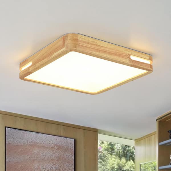 HUOKU Lumin 15.7 in. W Square Natural Oak Wood and Acrylic Flush