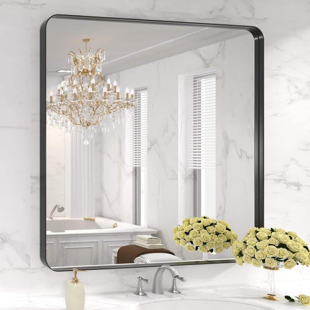 Matte Black Square Aluminum Vanity Mirror with Tempered Glass