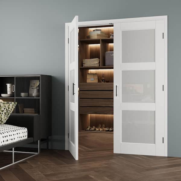 56 in. x 80 in. 3-Lite Frosted Glass Universal White Solid Core Glass Double Prehung French Door + Quick Jamb&Ball Catch