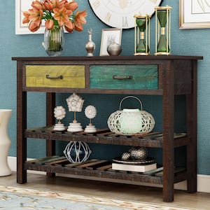 45 in. Colorful Rectangle Wood Console Table with Drawers and 2 Tiers Shelves