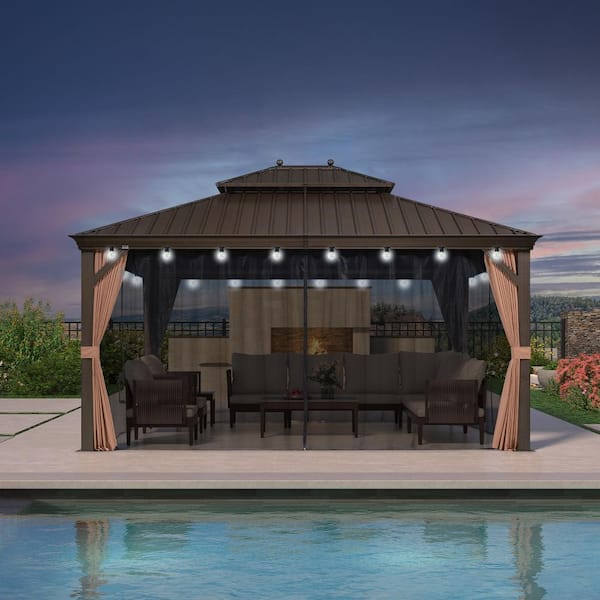 14 ft. x 16 ft. Bronze Patio Outdoor Gazebo for Backyard Hardtop Aluminum Frame w/Hooks, Netting,Khaki Curtain,36 Lights