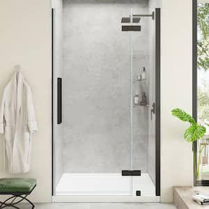Tampa 38 in. L x 32 in. W x 75 in. H Alcove Shower Kit w/ Pivot Frameless Shower Door in Black w/Shelves and Shower Pan