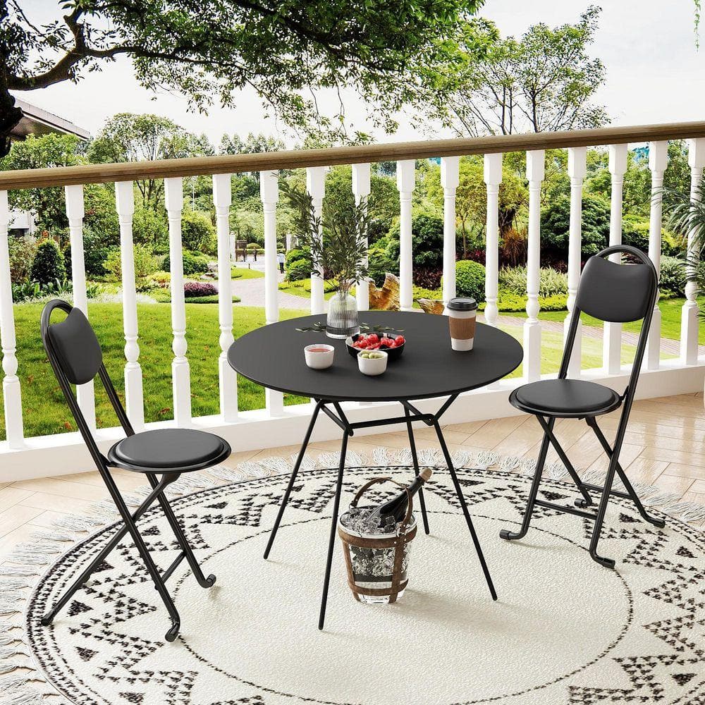 2-Piece Black PU Leather Seat Folding Chair, Cushioned Padded