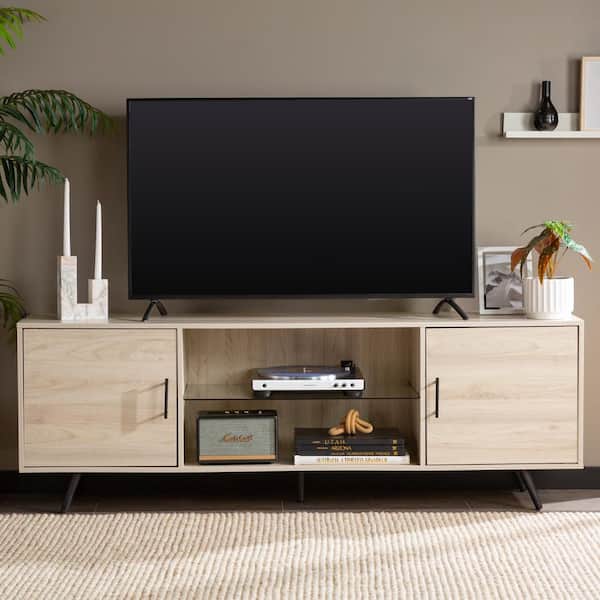 Walker Edison Furniture Company Contemporary Birch TV Stand Fits TVs up to 85 in. with Glass Shelf