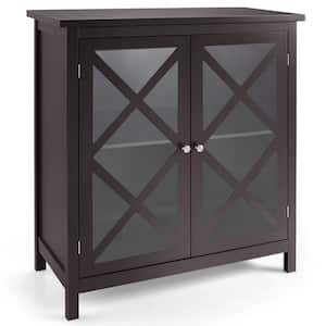 Brown Kitchen Buffet Sideboard Storage Cabinet w/Glass Doors & Adjustable Shelf