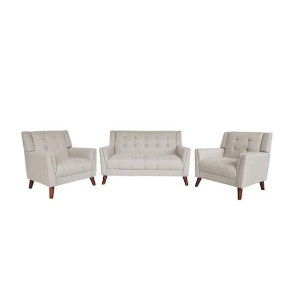 Noble House Candace Mid-Century Modern Tufted Beige Fabric Armchair and Loveseat Set