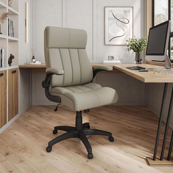 Faux Leather Adjustable Height Ergonomic Executive Office Chair in Taupe with Padded Flip-Up Arms