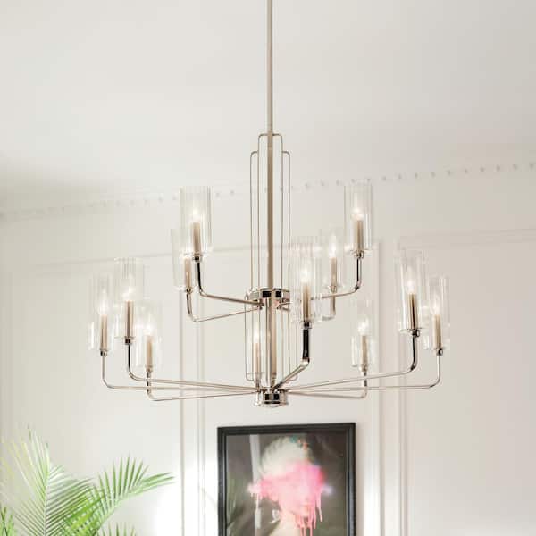 Kimrose 40.5 in. 12-Light Polished Nickel with Satin Nickel Art Deco Candlestick Cylinder Chandelier for Dining Room